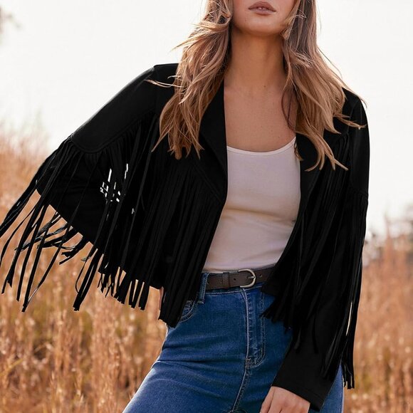 Women's Fringe Faux Suede Leather Jackets Fall Fashion 2025 Tassel Motorcycle Cr - Picture 8 of 9